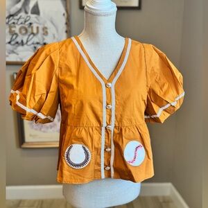 New! QUEEN OF SPARKLES Burnt Orange Peplum Leather Baseball Puff Sleeve Top